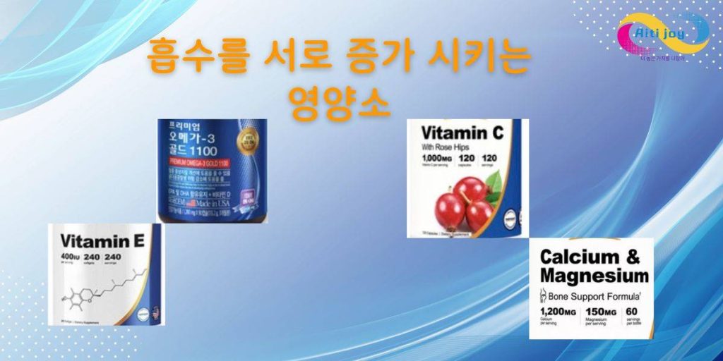 흡수를 증가 시키는 영양소
오메가3-지방산 + 비타민E 와 비타민C + 칼슘 영양제 제품